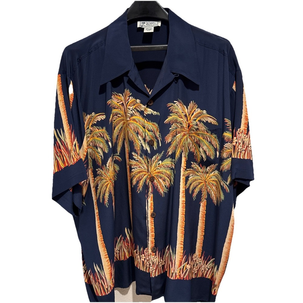 Vintage Avanti Hawaiian Palm Trees Shirt Mens Size XXL Navy 100% Silk Aloha Navy
